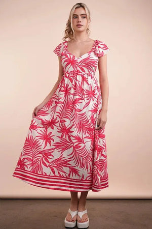 Tropical Print Ruffled Midi Beach Dress in Tomato Mix women outfit ideas