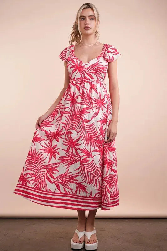 Tropical Print Ruffled Midi Beach Dress in Tomato Mix women outfit ideas