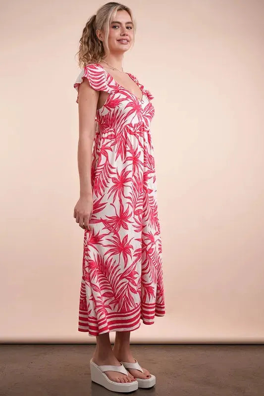 Tropical Print Ruffled Midi Beach Dress in Tomato Mix women outfit ideas