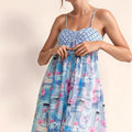 Tropical Print Tie-Back Beach Romper in Blue & Pink women outfit ideas