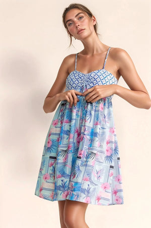 Tropical Print Tie-Back Beach Romper in Blue & Pink women outfit ideas