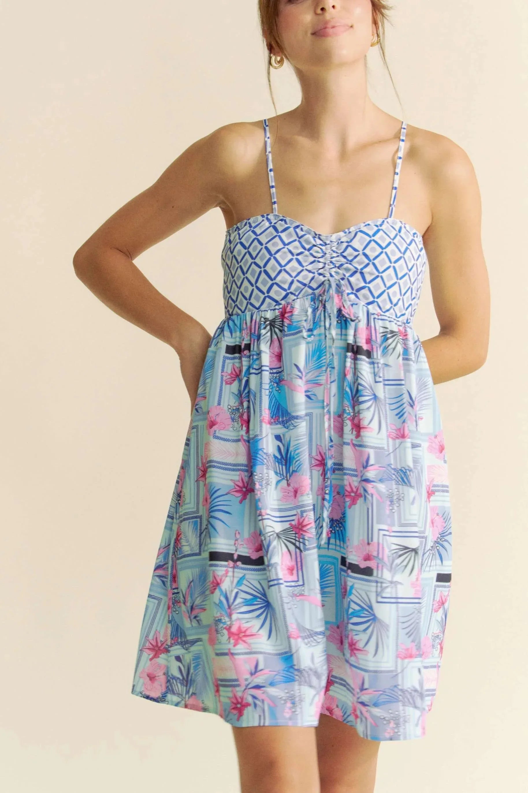 Tropical Print Tie-Back Beach Romper in Blue & Pink women outfit ideas