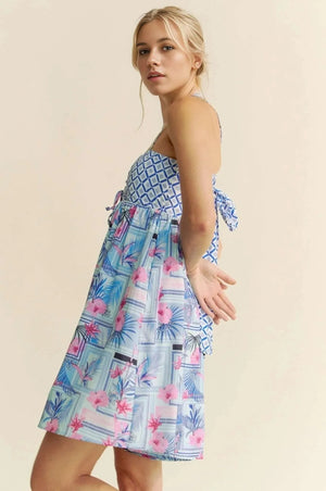 Tropical Print Tie-Back Beach Romper in Blue & Pink women outfit ideas