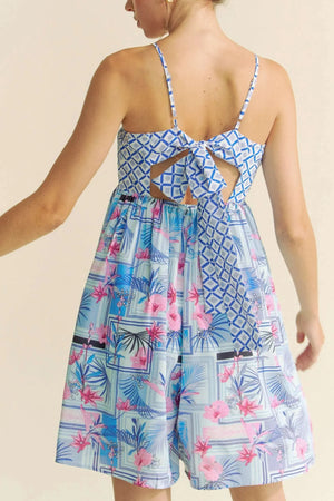 Tropical Print Tie-Back Beach Romper in Blue & Pink women outfit ideas