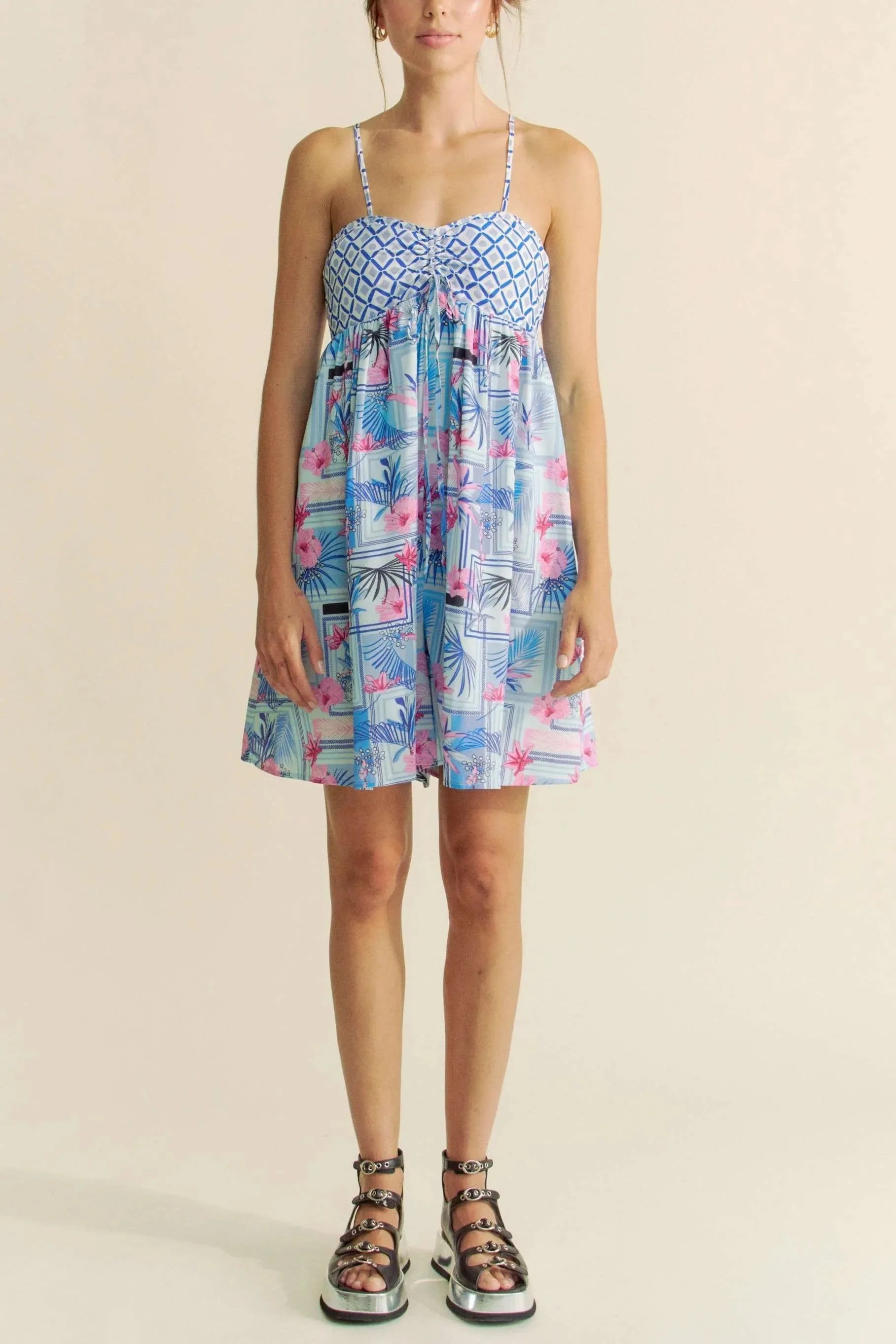 Tropical Print Tie-Back Beach Romper in Blue & Pink women outfit ideas