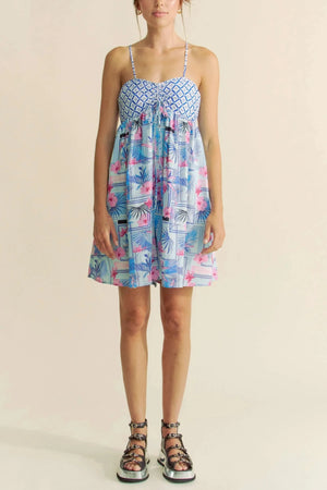 Tropical Print Tie-Back Beach Romper in Blue & Pink women outfit ideas