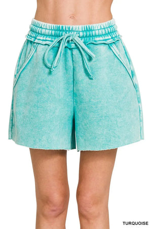 Turquoise Acid Wash Fleece Beach Shorts women outfit ideas