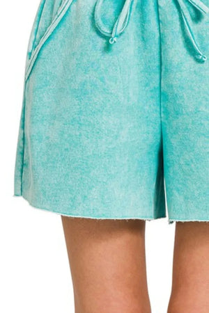 Turquoise Acid Wash Fleece Beach Shorts women outfit ideas