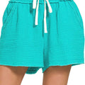 Turquoise Double Gauze Drawstring Beach Shorts women outfit ideas