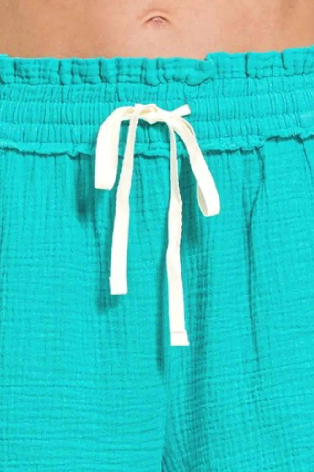 Turquoise Double Gauze Drawstring Beach Shorts women outfit ideas