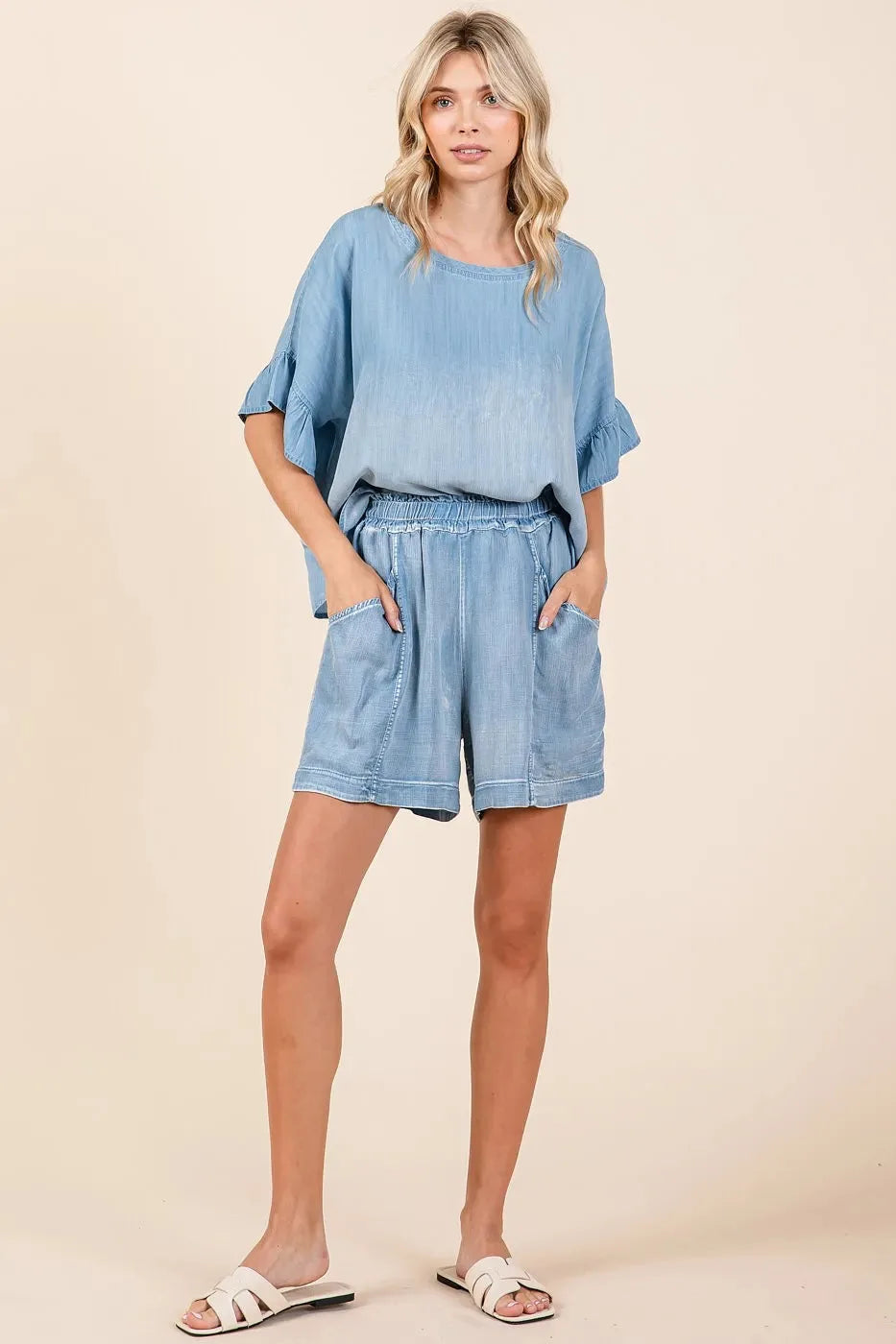 Washed Chambray Drawstring Beach Shorts in Light Denim women outfit ideas