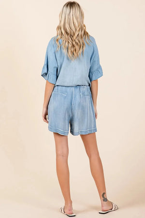 Washed Chambray Drawstring Beach Shorts in Light Denim women outfit ideas