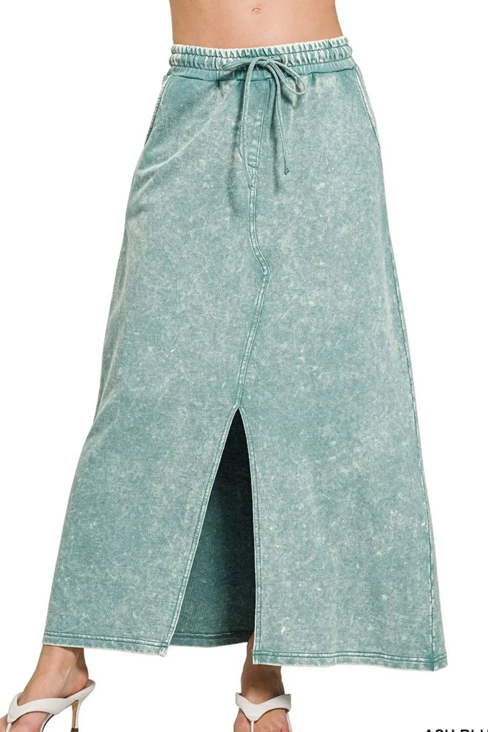 Washed Cotton Front Slit Beach Maxi Skirt in Ash Blue women outfit ideas