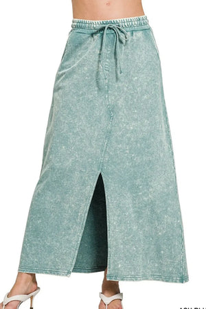 Washed Cotton Front Slit Beach Maxi Skirt in Ash Blue women outfit ideas