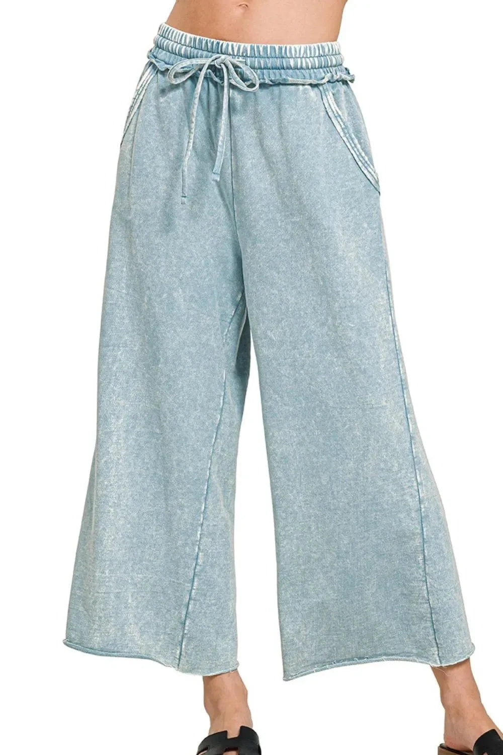Washed French Terry Palazzo Beach Pants in Blue Grey women outfit ideas