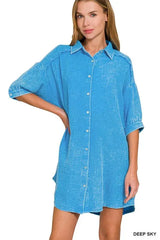 Washed Gauze Button-Down Beach Dress in Deep Sky women outfit ideas