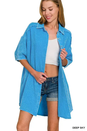 Washed Gauze Button-Down Beach Dress in Deep Sky women outfit ideas