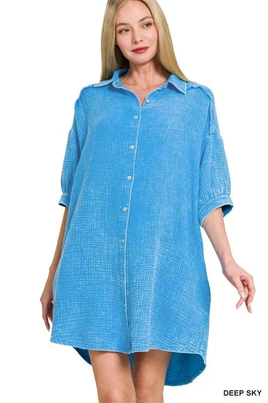 Washed Gauze Button-Down Beach Dress in Deep Sky women outfit ideas